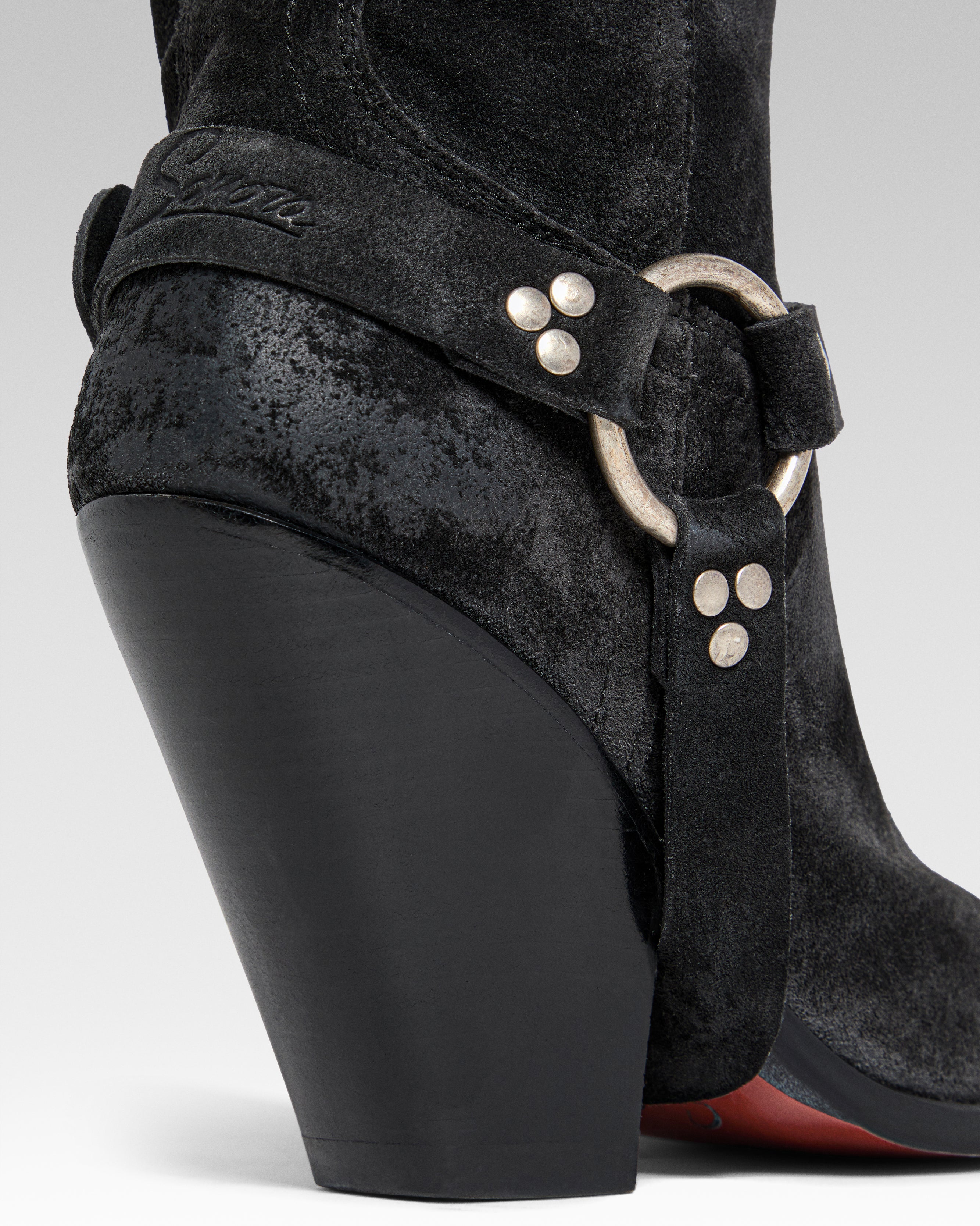 ACAPULCO BELT Women's Knee Boots in Off Black Suede Oil | Leather Harness