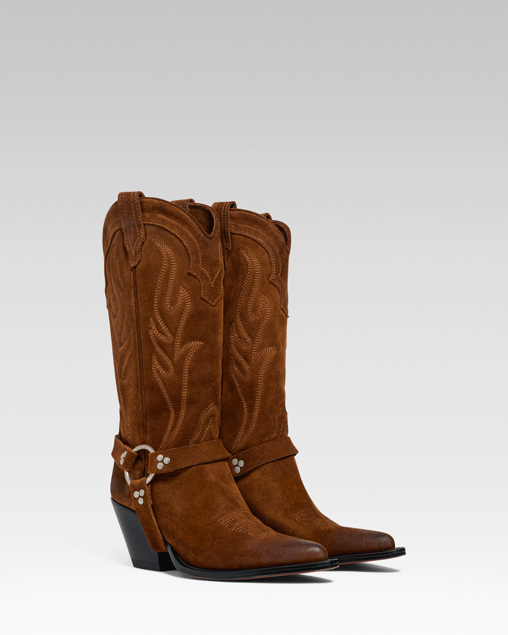 SANTA FE BELT Women's Cowboy Boots in Rusty Brown Suede Oil | On Tone Embroidery