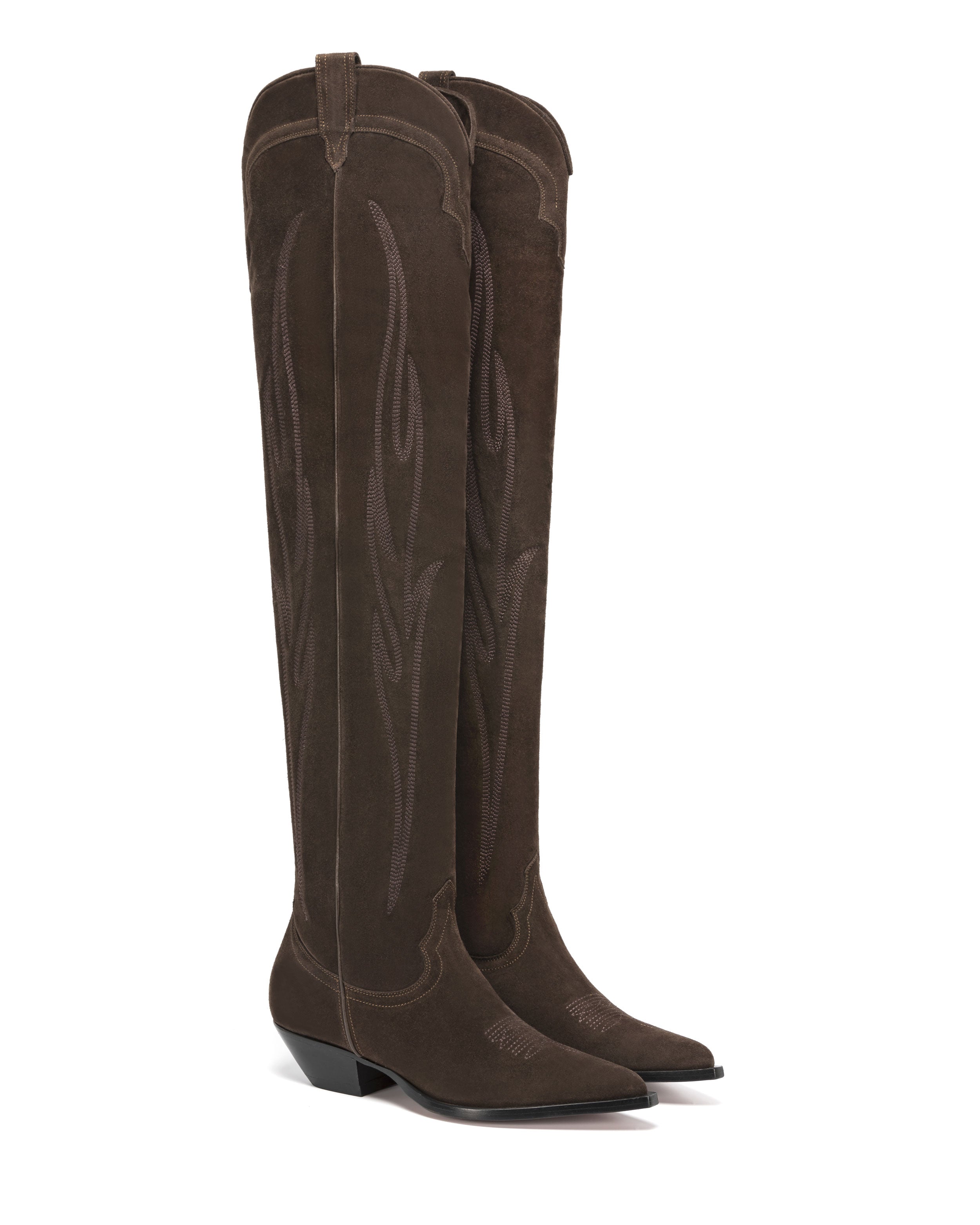 <strong>HERMOSA</strong><br> Women's Over The Knee Boots in Brown Suede | On Tone Embroidery 02