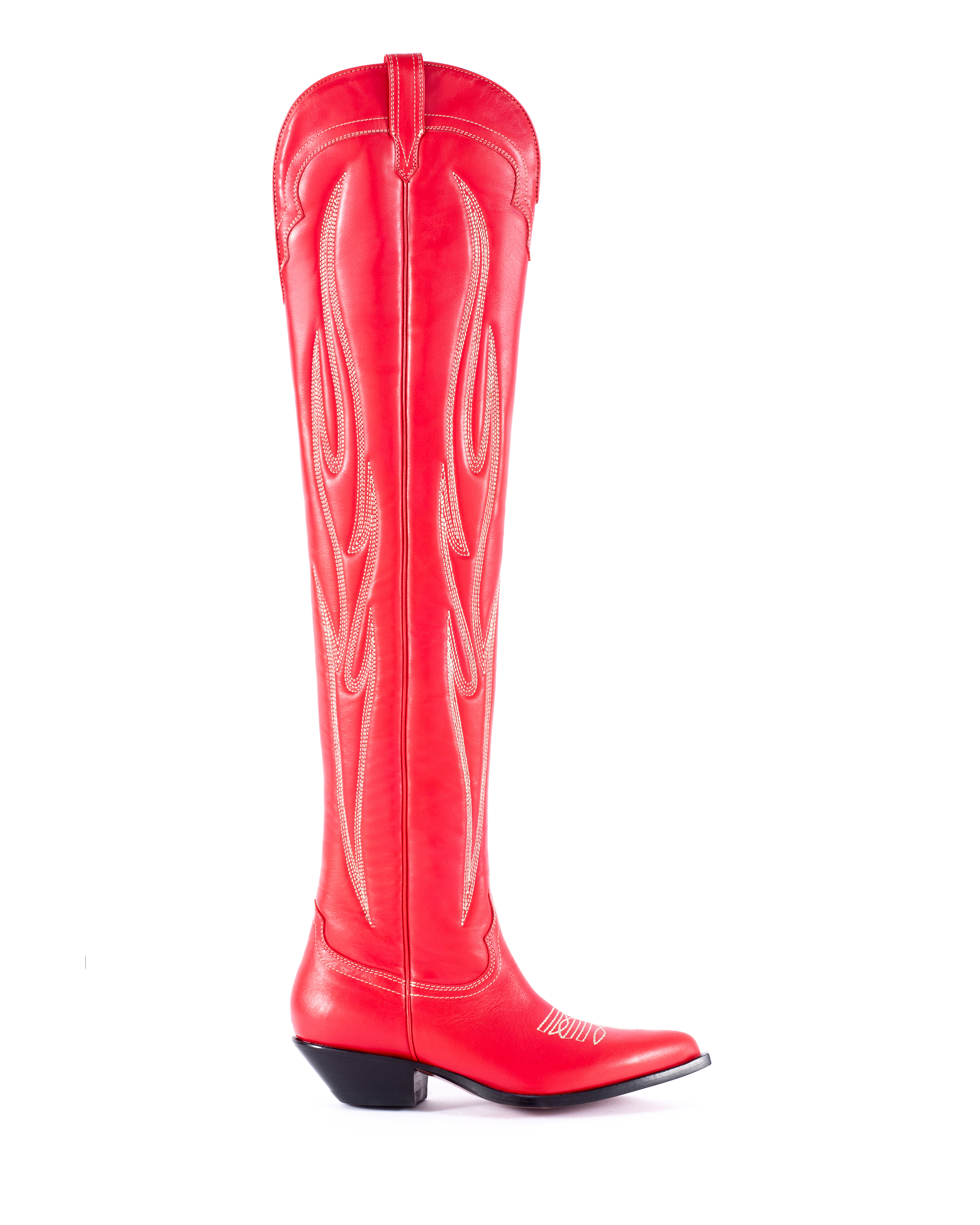Hermosa Women's Over The Knee Boots in Red Calfskin | Off White Embroidery 01